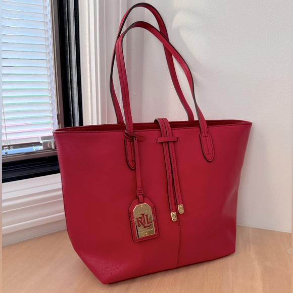 NWOT Lauren Ralph Lauren Crawley Red Leather Unlined Large Tote Bag - Picture 2 of 8